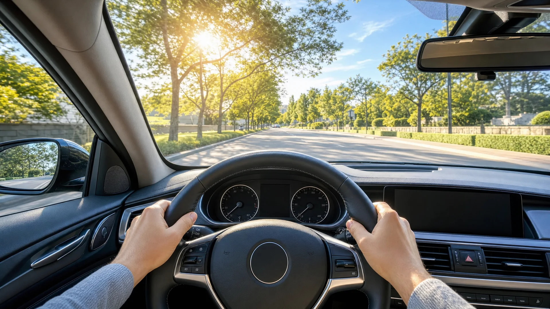 Probefahrt mit einem Gebrauchtwagen bei Sonnenschein
